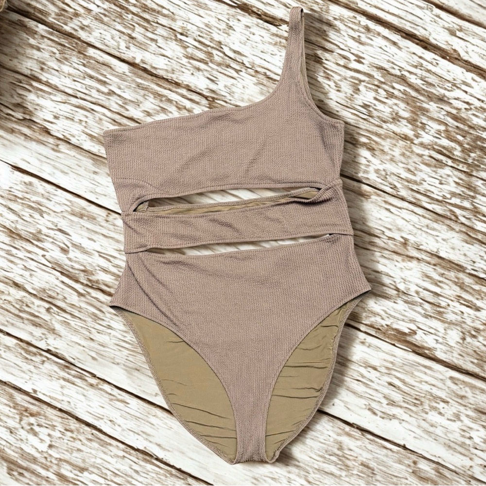 aerie Crinkle Cut Out One Shoulder One-Piece Swimsuit in Tan